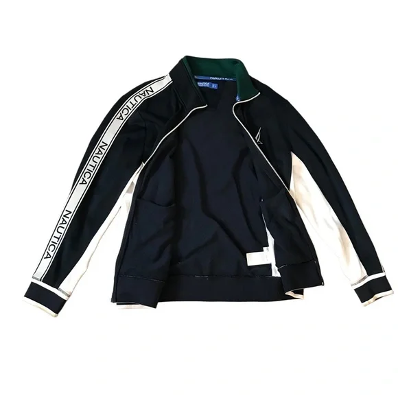 Mens Nautica jacket LG full zip Blue Sail logo sleeves cotton navy blue white - Picture 3 of 5